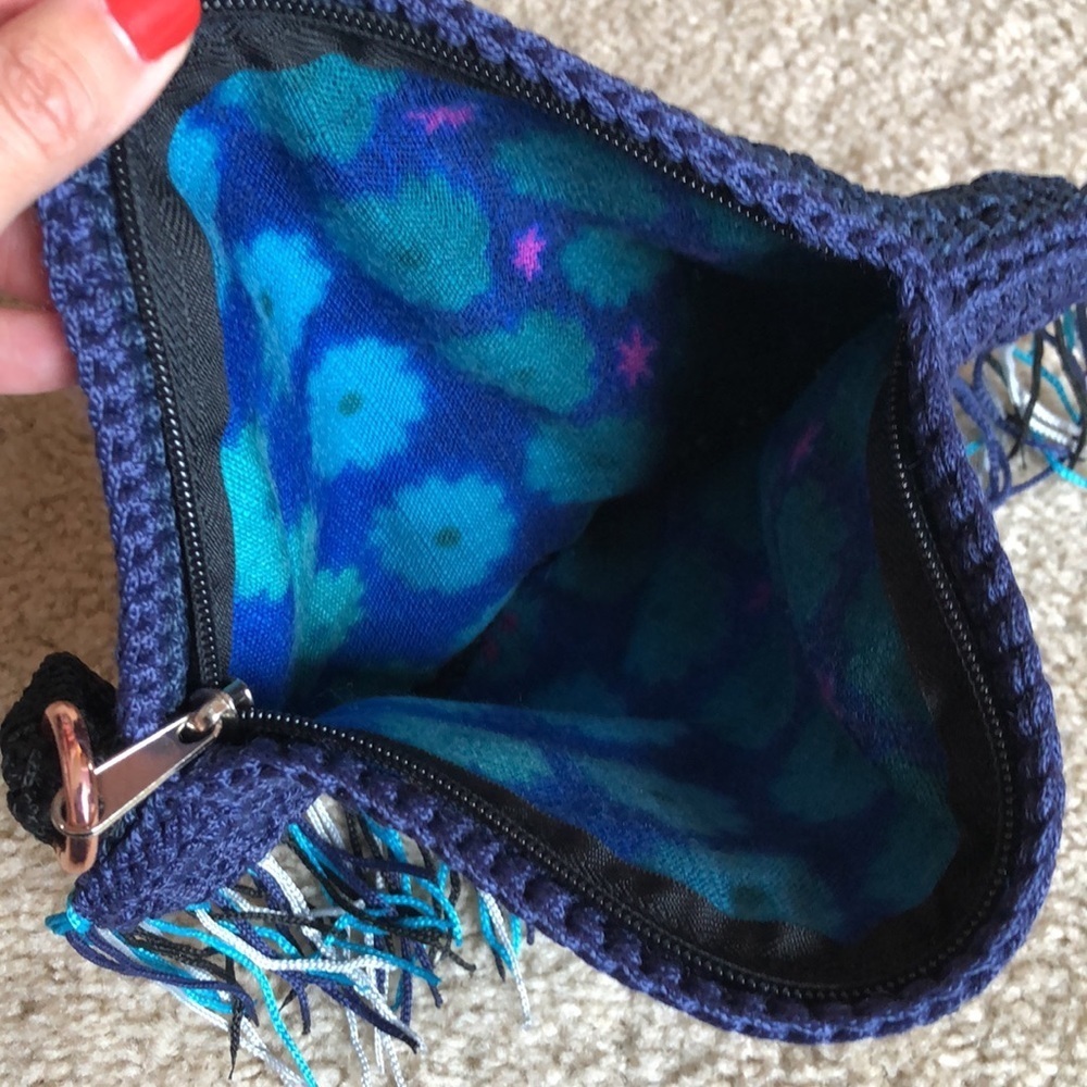 Evil eye knitted clutch blue white fringe bag handbag wristlet navy bag - Picture 6 of 7